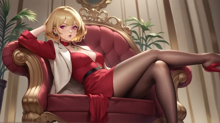 score_9, score_8_up, score_7_up, BREAK best quality, HD,  masterpiece, aesthetics, muy aesthetics, 1 girl,  Realistic, real person,  short hair, diadema,  wears red evening dress ,  Blond hair, dark pantyhose,  coat , big boobs , Party hall,  looking at th...