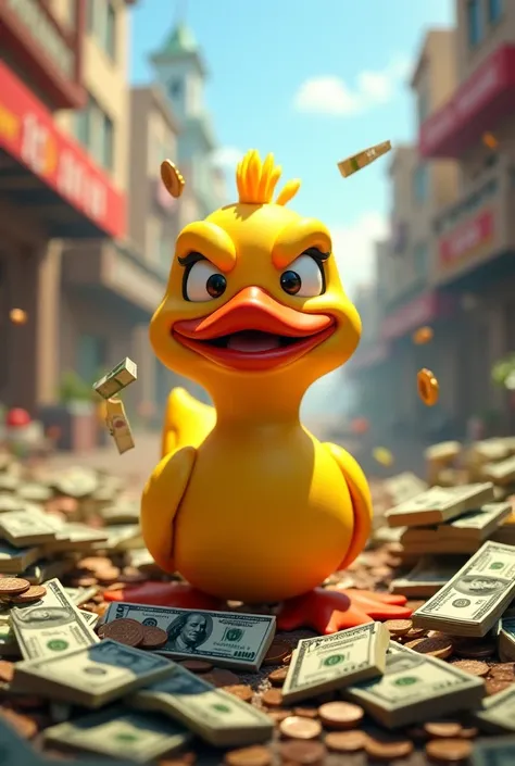 Animated picture of ducky bhae with devilish expression sitting around alot of money 