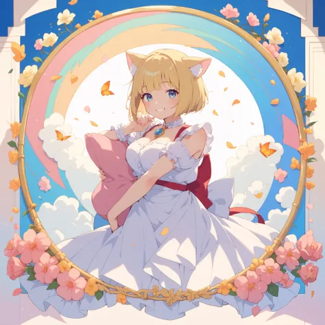 Cat ears、 bob cut blonde hair、 little character、smile、 big breasts、 white dress 、 vivid background 