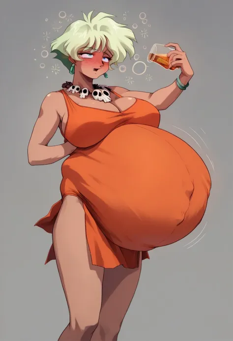 retro artstyle, 1990s \(style\), dark skin, short hair, green hair, blue eyes, ((Belly Stuffed)), ((Huge Belly)), ((Very drunk)), ((Staggers)), (Tight clothes), necklace, orange swimsuit, pelvic curtain, skull, big breasts, earrings,