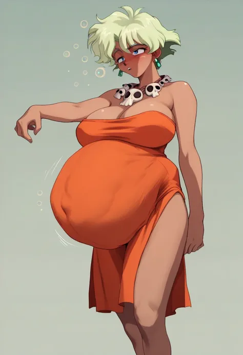 retro artstyle, 1990s \(style\), dark skin, short hair, green hair, blue eyes, ((Belly Stuffed)), ((Huge Belly)), ((Very drunk)), ((Staggers)), (Tight clothes), necklace, orange swimsuit, pelvic curtain, skull, big breasts, earrings,