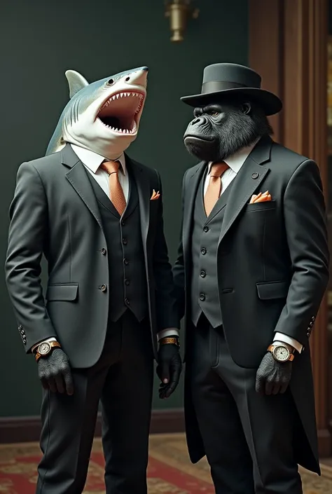 A shark and a gorilla in suits with expensive watches and hats