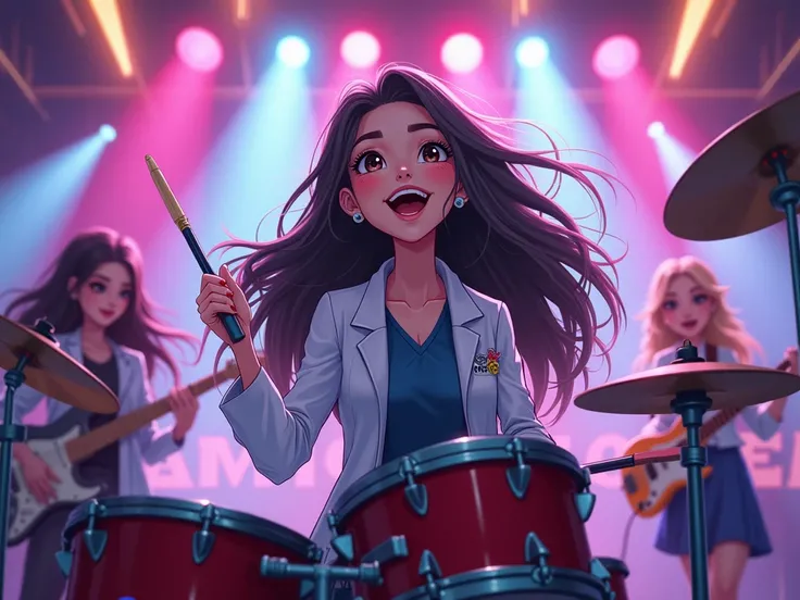 An anime-style illustration of Dr. Frang, a petite female veterinarian with dimples and a sweet smile, resembling Isarapa Thawatchapakdee. She has long, flowing hair and is playing the drums in a concert with her all-female band, 'Cosmic Edge.' The atmosph...