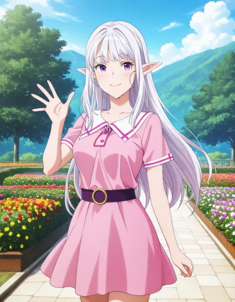 1girl, Elf, Marie_girl, Pointed ears, Silver-white hair, purple eyes, garden,  pink dress , greeting,  waving , smile,  redhead, (Ultra Kawaii ),  Masterpiece,   best quality, absurdres,  Masterpiece,  room background,   perfect anatomy  ,  anime-style ,  ...