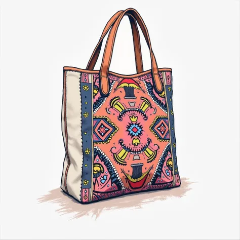 Hand drawing sketch of canvas shopper bag, use a Hmong hill tribe moti fabric, inspired from this image to create a new one, modern design, show in a portrait, white background, detailed, 8k,  pencil line with watercolor effect.
