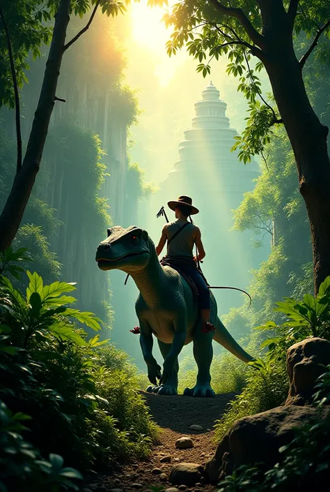 A dense jungle with sunlight filtering through the trees. In the center, a mysterious adventurer wearing a hat and holding a staff is riding a dinosaur. The dinosaur appears majestic and calm. In the background, an ancient, ruined palace is partially visib...