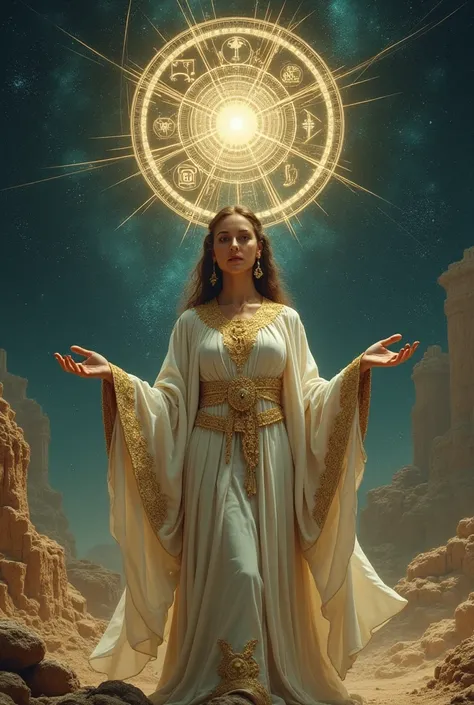 "At the pinnacle of a forgotten world, amidst the ruins of an ancient civilization, stands a woman in a majestic white and gold robe. Her eyes glow, reflecting the radiance of an otherworldly artifact that hovers before her, surrounded by rotating symbols ...