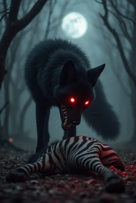 A massive black fox with glowing red, monstrous eyes stands over a fallen zebra in a dark, misty forest. Its fur is sleek yet wild, and its sharp teeth glisten under the eerie moonlight. The fox’s stance is powerful, with its claws gripping the ground as i...