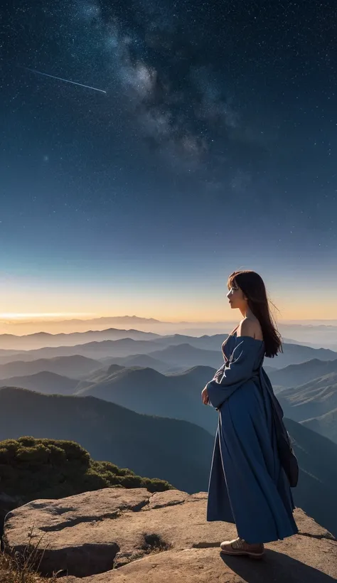 A deeply symbolic and visually striking scene featuring a young Japanese man and woman in their 20s, set against a cosmic background that represents the vastness of time—past, present, and future. They stand on an elevated platform, perhaps a rocky ledge o...