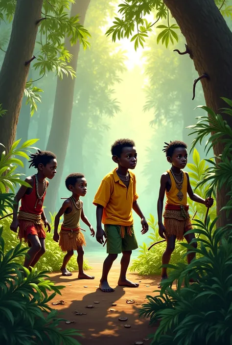 Draw a tribe of pygmy men and women, hunters and Africans and one of them wearing a yellow shirt
