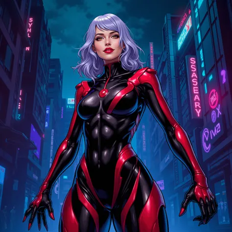 Extremely sexy beautiful mature Gothic comic book cartoon woman standing who has a sexy smile and is a half full body robot woman with lavender blue grey hair. Brown eyes. Black and red Cyber robot suit. Big black and red lips. She's in a neon futuristic c...