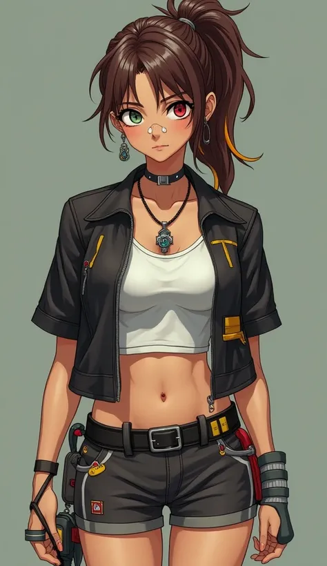 real busty tomboy rough brown ponytail hair right eye covered by red orange yellow highlights green left eye band aid on nose blue fire charm necklace with ruby black short sleeve motorbike jacket white tube top busty missing right forearm bellybutton show...