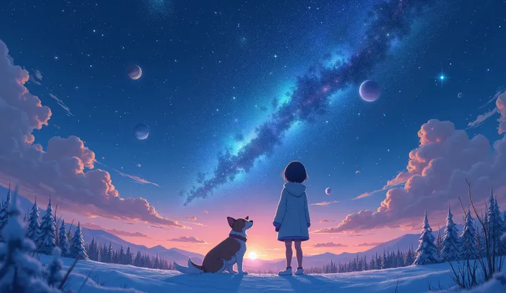  A scene from a movie where a dog and girl sit and look up at the sky. Snow falling in the night city. A serene time . Spectacular landscape of space and starry sky, Planets and Moons. Back view,  has a soft expression. Wrapped in the soft winter wind, It&...