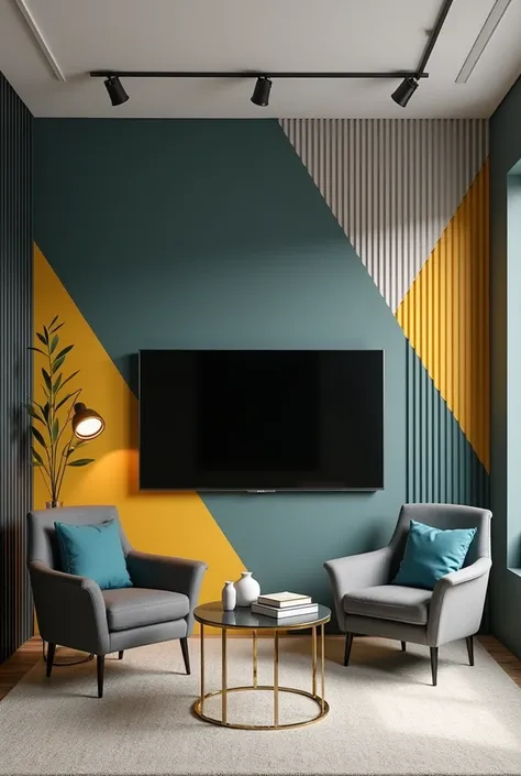 
Here’s a **3-color YouTube studio wall design** with geometric strips, a centered TV, and interview furniture. I’ll break it down for easy visualization (or to share with a designer):

### **Color Palette**  
1. **Charcoal Gray** (base wall color)  
2. **...