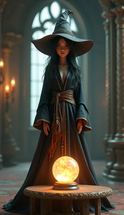 4k,3d,girl Witch, there is an empty crystal ball on the table. Staying in the hall