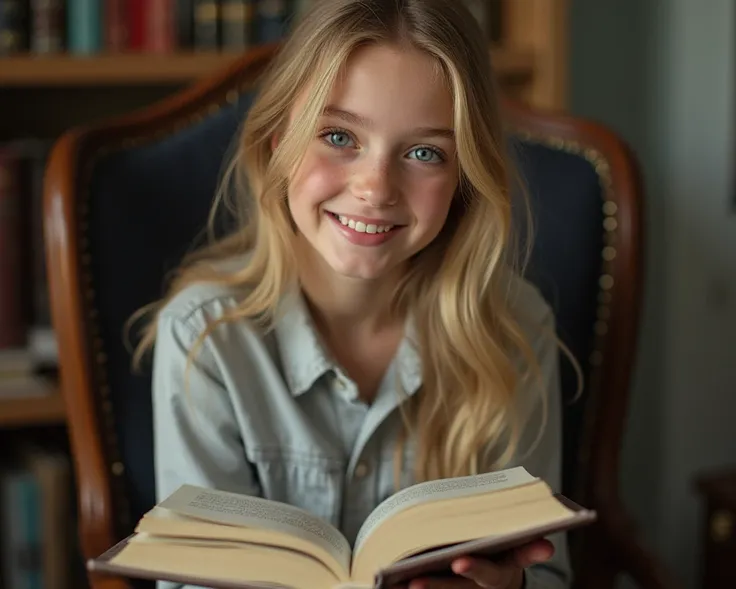 (( best quality)), (( masterpiece)), ( Detailed), (remove nsfw) adult woman,  hyperrealistic, full body image of young blond girl with blue eyes, seated on a chair hanging a book and smiling to the camera.