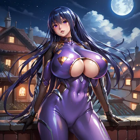 1 girl, rinko, purple underboob cutout bodysuit costume, gigantic breasts, posing seductively, on a rooftop at night