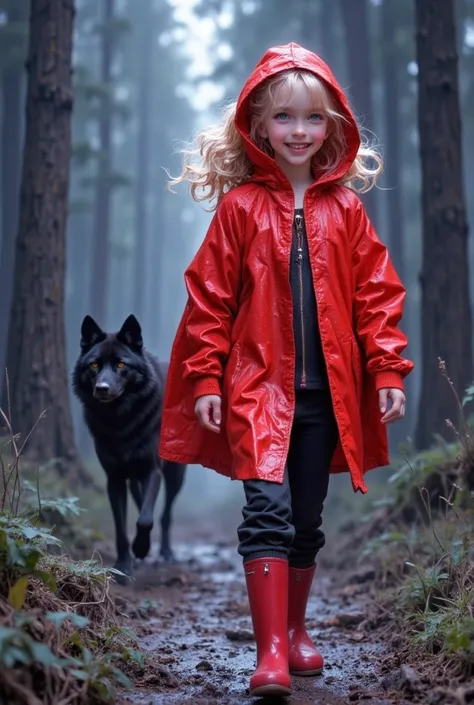 Willem Haenraets style fotorealizm dynamiczny small car happy girl old idzie szybkim krokiem w kierunku widza , detailed, small car, (freckles: 0,4),  Green eyes ,  light blond hair with shading,  full-length photo ,,  in a red neon knee-length rain cape w...