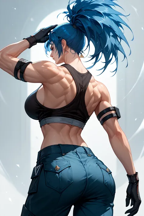  Leona Heidern's sexy,   dark blue hair  , triangle earrings ,   In the expanse of barren land ,  sexy pose  ,  from behind , muscular , detail otot,  hand in pocket 