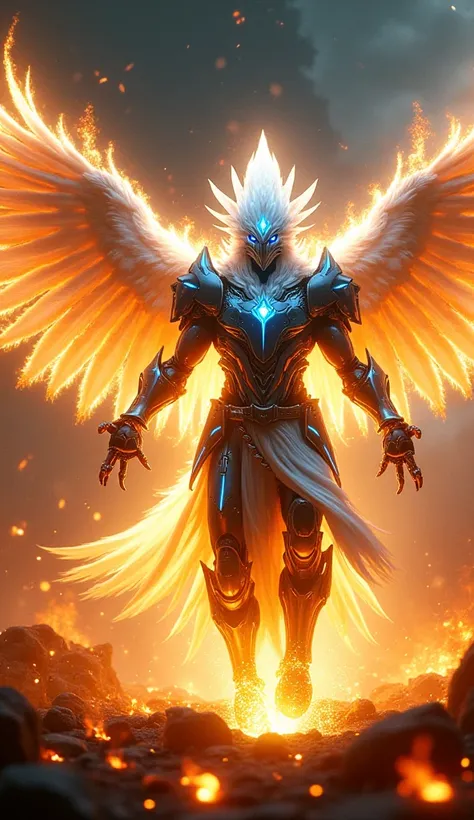 A majestic humanoid warrior with luminous white-blue feathers bursts into action, leaving behind a trail of golden fire. His Barong-inspired cyber armor radiates heat as he spreads his mechanical wings, creating a vortex of flames around him. His piercing ...