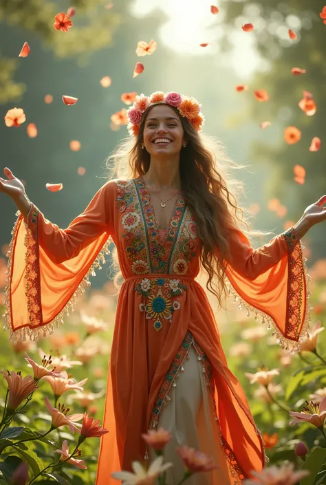  Happy hippie costume woman with open arms, with lily petals flying around her 