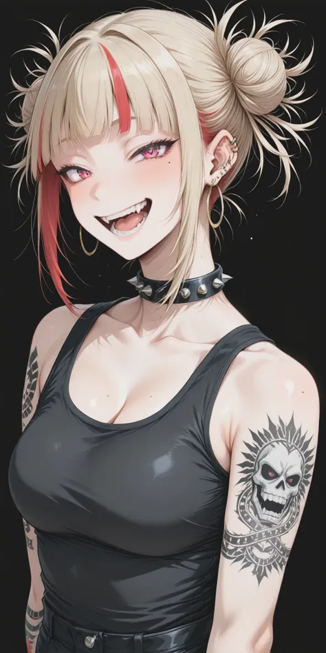 HimikoToga, TankTop, 1girl, breasts, tattoo, hair bun, mole, solo, double bun, cleavage, jewelry, earrings, shoulder tattoo, piercing, black background, open mouth, looking at viewer, multicolored hair, spikes, blonde hair, ear piercing, mole on breast, sm...