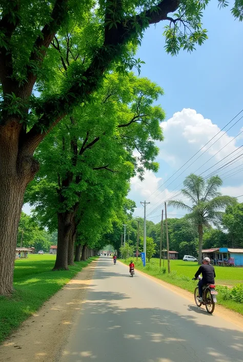 A scenic roadside in Bangladesh lined with lush green trees. The trees are tall and provide ample shade, with their leaves swaying gently in the breeze. The road is a narrow, well-traveled path, with occasional pedestrians and cyclists passing by. The back...