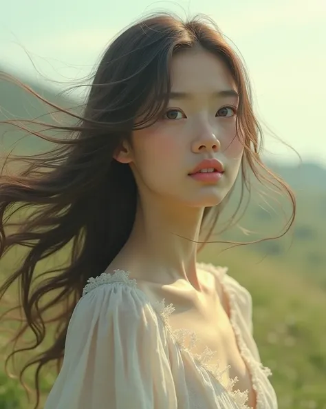 A girl with her hair swirling in the breeze