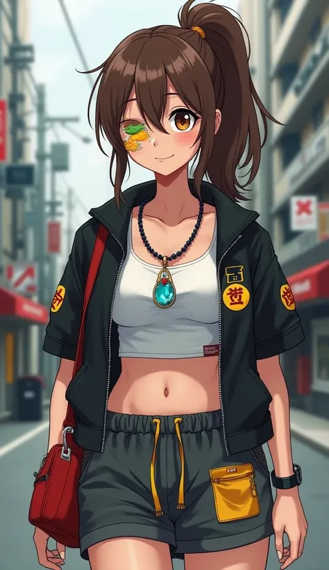 real life busty tomboy rough brown ponytail hair right eye covered by red orange yellow highlights green left eye band aid on nose blue fire charm necklace with ruby black short sleeve motorbike jacket white tube top busty missing right forearm bellybutton...