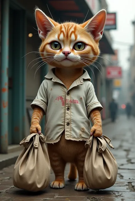 poor brown cat wearing old  torn white shirt standing outside of clothes shop holding shopping bags in hands