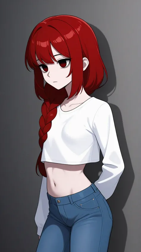 A [female] with dark red hair and white strands, long hair single braid starts below the neck and all the way down the end of the back, opal eyes, solo,  anatomically correct, small breast (clothed),soft dark, closed mouth, emotionless, protrait, A simple ...