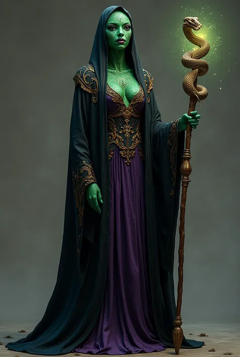 •	Appearance: A sleek, serpentine creature with shimmering emerald or mystical purple scales.
	•	Clothing: A black or deep purple silk robe with gold trimmings, exuding mystery and allure.
	•	Accessories: Holds a staff entwined with a snake, emitting an en...