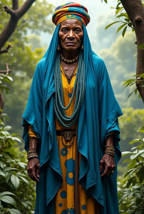 Draw an elderly African witch woman who is sturdy and dressed in blue with yellow and a turban on her head 