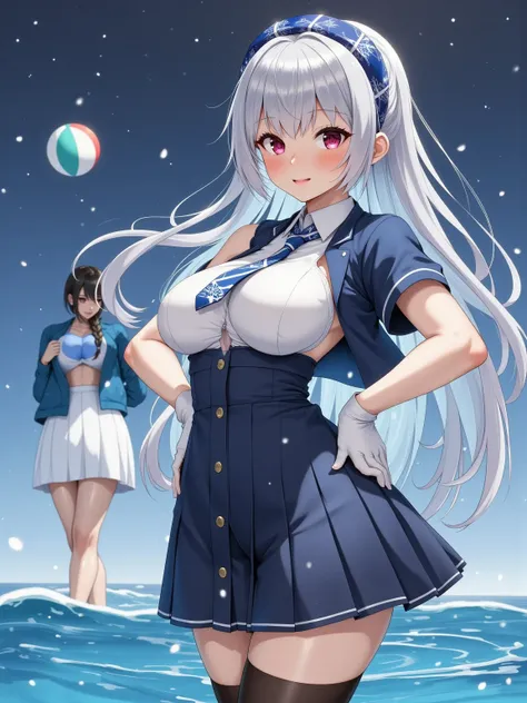 Ocean, Silver-haired, red-eyed girl, Swimwear, Two girls playing beach ball in the background, 2d, masterpiece, best quality, anime, highly detailed face, highly detailed eyes, highly detailed background, perfect lighting, 1girl, solo, collared dress, shor...