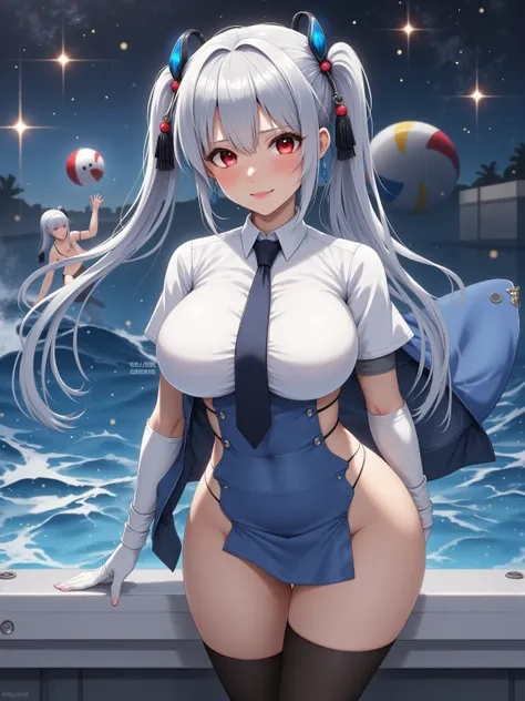 Ocean, Silver-haired, red-eyed girl, Swimwear, Two girls playing beach ball in the background, 2d, masterpiece, best quality, anime, highly detailed face, highly detailed eyes, highly detailed background, perfect lighting, 1girl, solo, collared dress, shor...