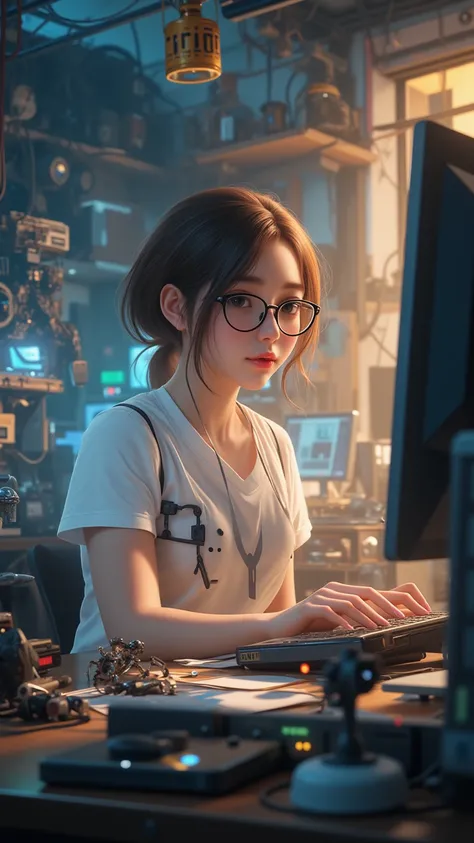 A pretty nerdy girl is programming on a computer full of gadgets