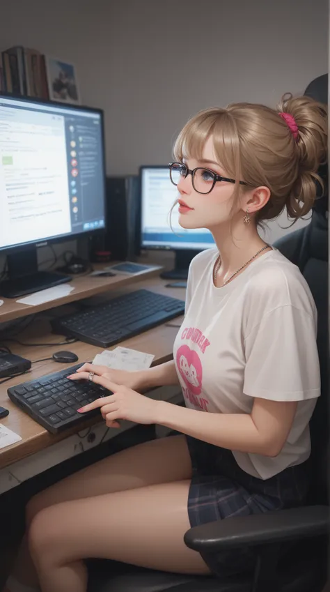 A pretty nerdy girl is programming on a computer full of gadgets