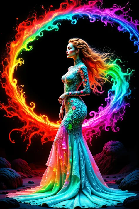 Take this image and multiply the number of swirl lines around the girl, while infusing lots of vibrant neon bioluminescent colors in the swirls as well. Make her mermaid gown highly reflective, mirror like, so all the light hits it, and reverberates it int...