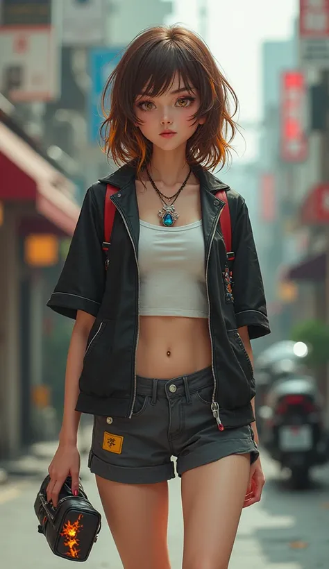 real life busty tomboy rough brown mid back length hair right eye covered by red orange yellow highlights green left eye band aid on nose blue fire charm necklace with ruby black short sleeve motorbike jacket white tube top busty missing right forearm bell...