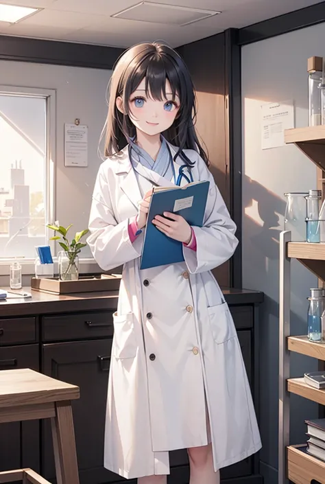  A female doctor full of intelligence and confidence is smiling in the lab。 she is wearing a white coat 、 holding science books and notebooks in her hands 。 Chemical laboratory instruments and bookshelves are lined up in the background 、 warm lighting crea...