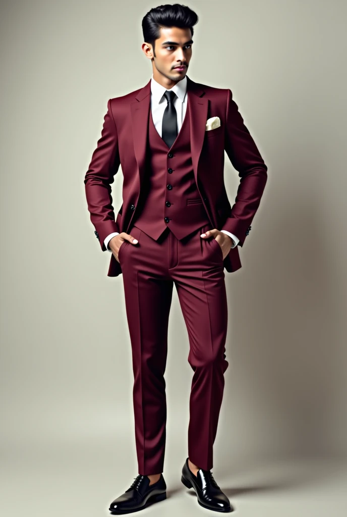 Create a 23 year old ander age young Indian boy with a realistce face and  fitness body and  strong muscle and stylish hair cut and hot parsanalty and handsome look and white fear skin tone and wearing a maroon colour tai and 3peice suit and  black shoes a...