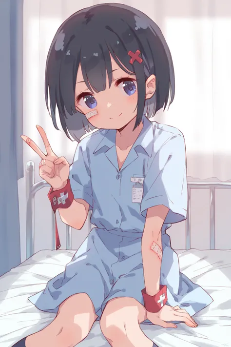  middle school student,Young girl, black hair, short hair, black hair,uniform, bed,hospital,Wrist wound ,Irritability,Self Injury Fetishes, cute,Illness,Petite,smile,v