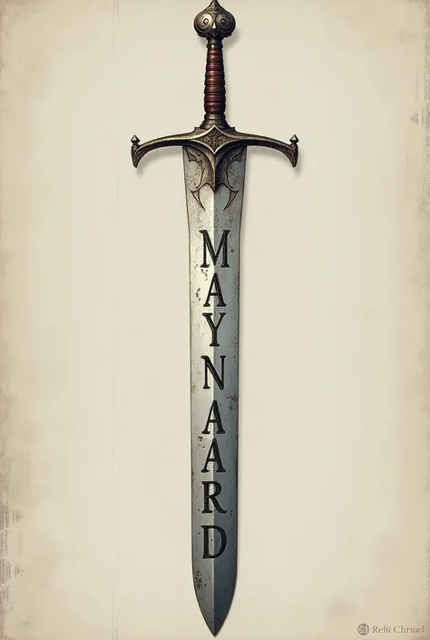 A tattoo of only a medieval sword with the letters M A Y N A R D engraved into it nothing else around it