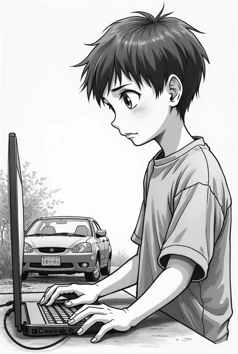 Japanese Manga,  Black and white drawing,  a  boy ,  brown hair,  brown eyes, 1,55m, 46kg, intelligent,  boy likes computers and is an above average , Do you have a car accident with your parents