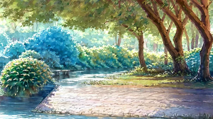 A vibrant watercolor painting of a lush forest with a gently flowing stream. A person crouches in the water, enjoying the refreshing current. Sunlight filters through tall trees, casting dappled light on the rippling surface. The scene is rich in detail, w...