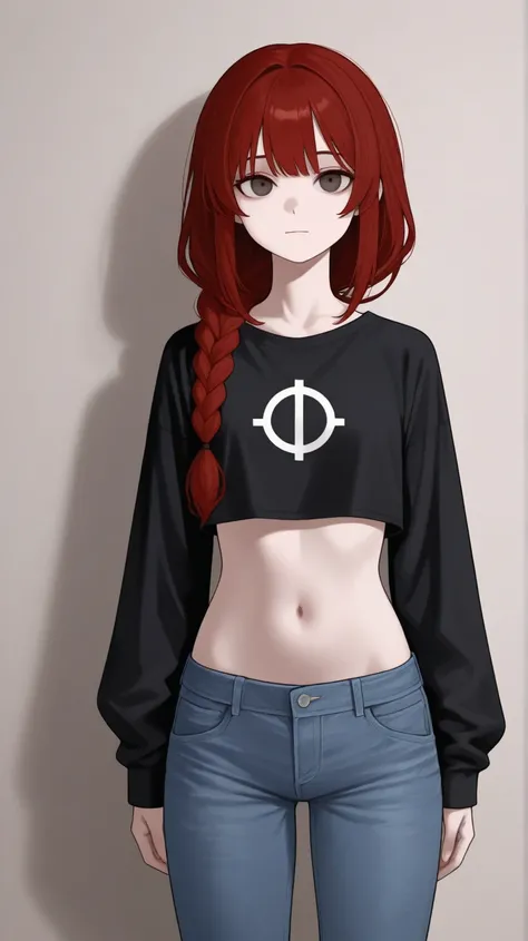 A [female] with dark red hair and white strands, long hair single braid starts below the neck and all the way down the end of the back, opal eyes, solo,  anatomically correct, small breast (clothed),soft dark, closed mouth, emotionless, protrait, A simple ...