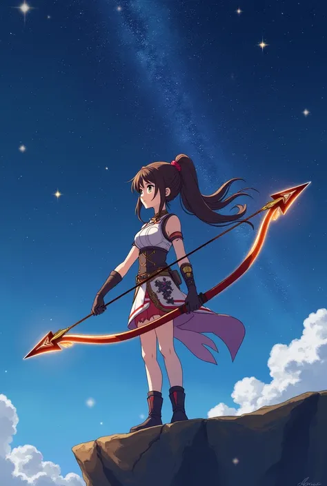 A spirited anime girl with long brown hair tied in a high ponytail, wearing an archer’s outfit, holding a glowing bow with a magical arrow, standing on a cliff under a vast starry sky, ready for adventure.