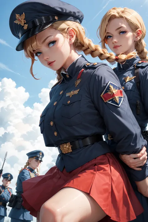  girl, Kölner Funke Mariechen,  blonde hair , 2 braids, red white tulle skirt, Soldier uniform 1850, moving  