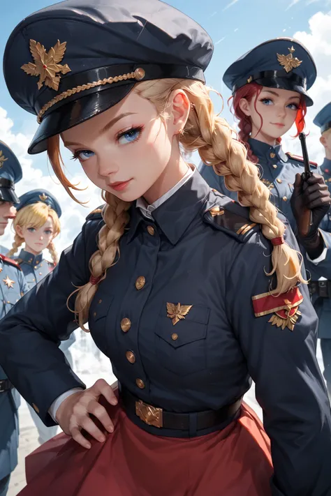  girl, Kölner Funke Mariechen,  blonde hair , 2 braids, red white tulle skirt, Soldier uniform 1850, moving  