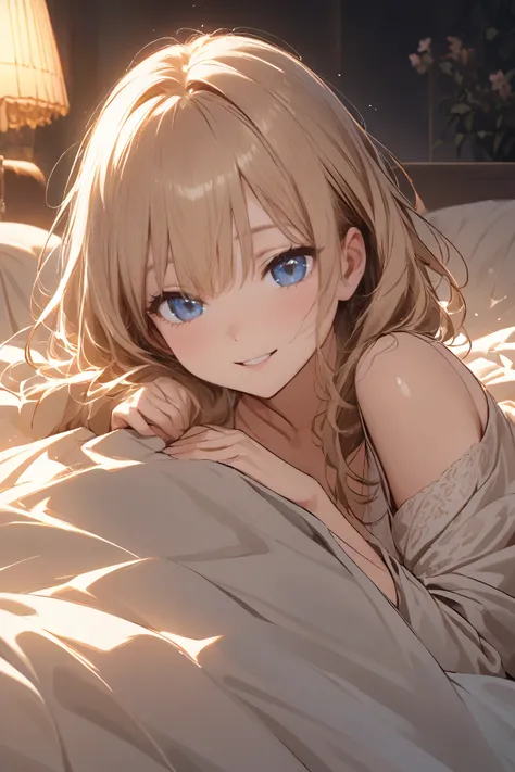 "An anime-style illustration of a stunning young woman lying in bed, mostly hidden beneath a soft, flowing blanket. Only half of her face is visible as she peeks out, her bright and playful smile adding a touch of warmth to her alluring expression. Her eye...